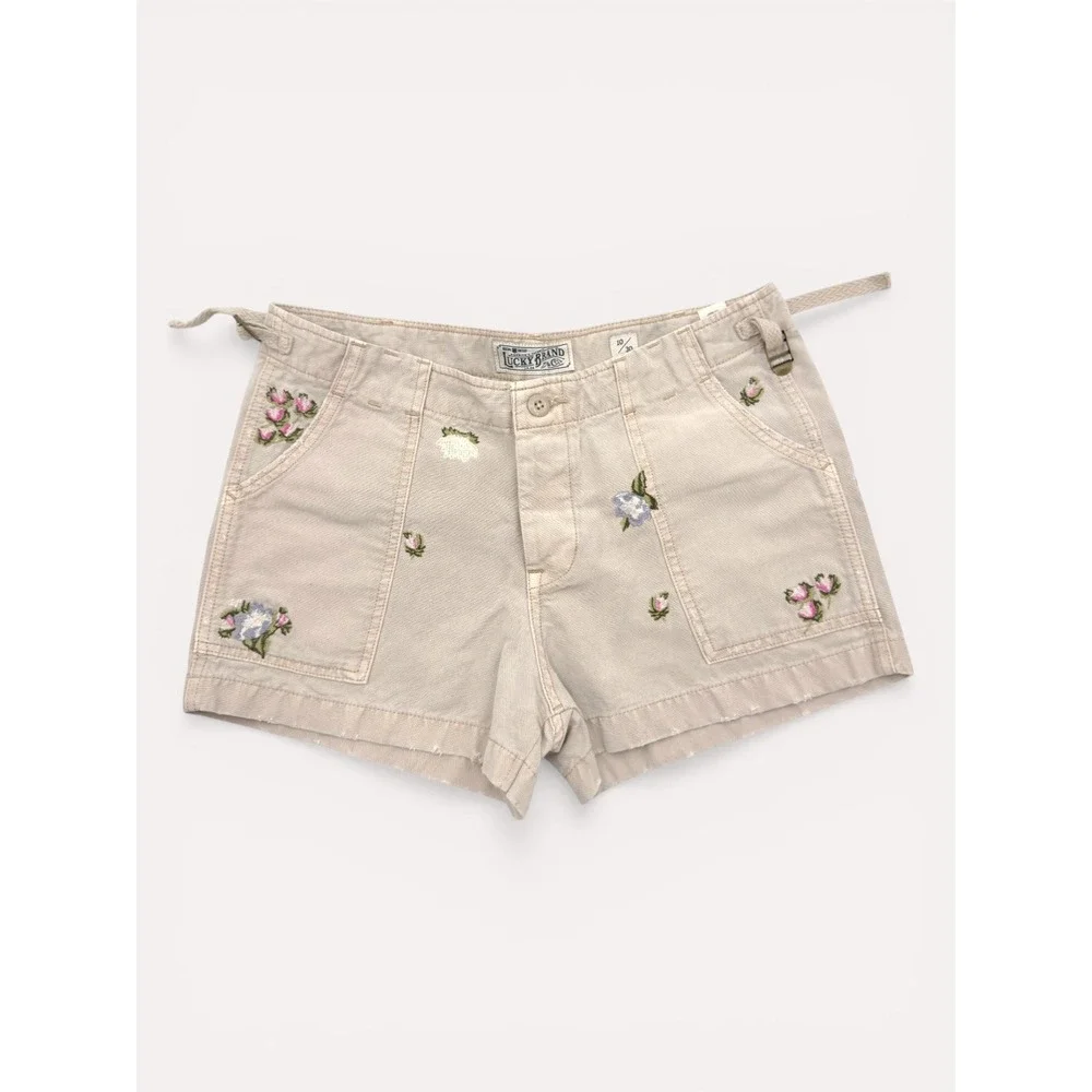 Lucky Brand Floral Embroidered Shorts Womens 10 Boho Cottagecore Shabby Utility